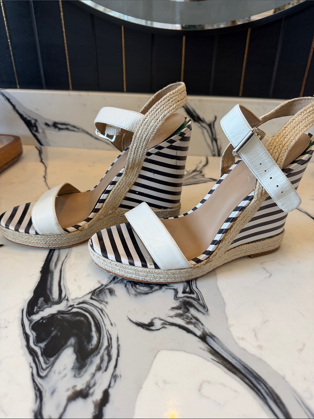 Striped Black & White Espadrille Wedge Sandals